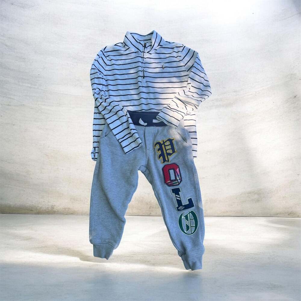 Polo Ralph Lauren Boys Striped Quarter Zip and Letterman Patch Joggers Set
